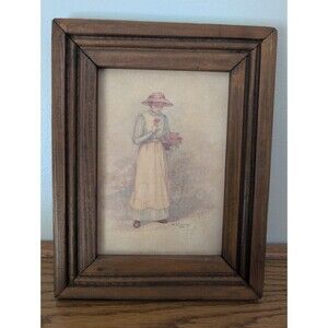 Vtg 1985 Karen Armstrong Watercolor Country Girl w/Flowers 9.5x 7.5 Cottage Core